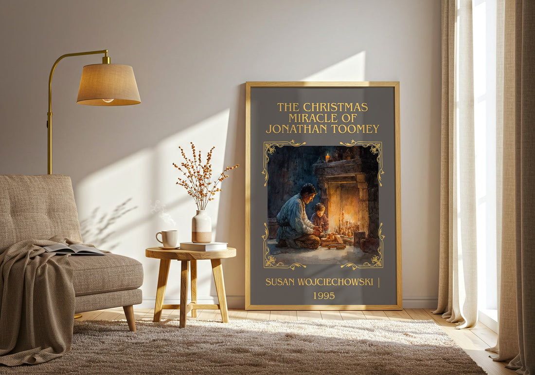 The Christmas Miracle of Jonathan Toomey classic book art print in frame leaning in hallway – childrens wall art (mockup)