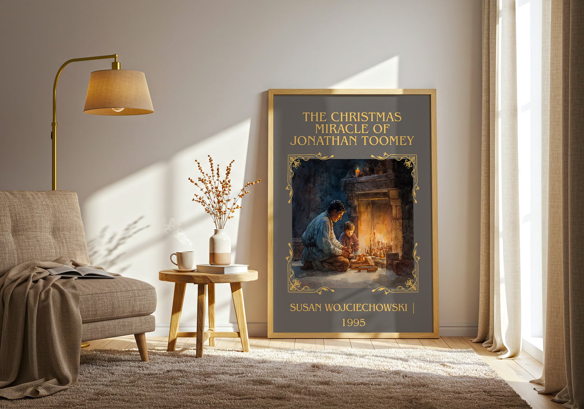 The Christmas Miracle of Jonathan Toomey classic book art print in frame leaning in hallway – childrens wall art