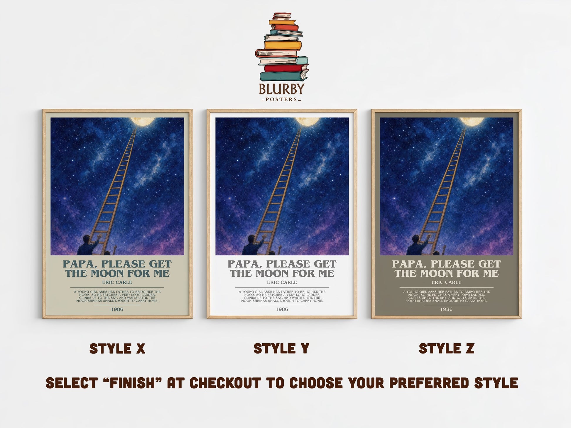 Papa, Please Get The Moon For Me bookish print in frame leaning in hallway – childrens wall art