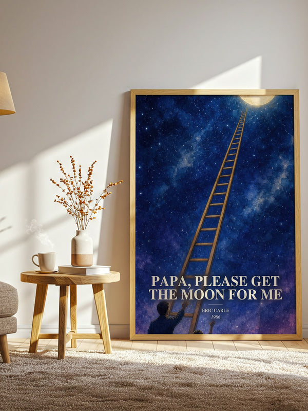 Papa, Please Get The Moon For Me watercolour print in frame leaning in hallway – childrens wall art