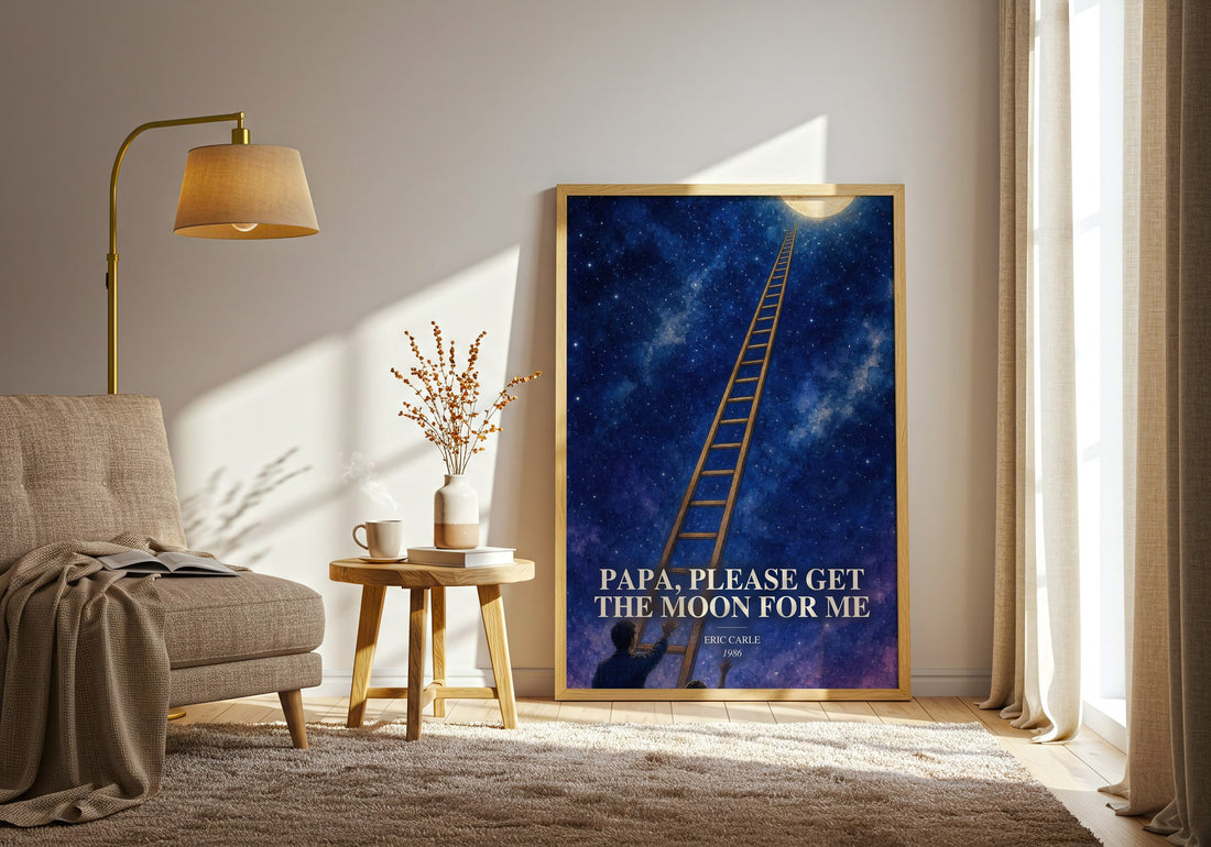 Papa, Please Get The Moon For Me watercolour print in frame leaning in hallway – childrens wall art (mockup)