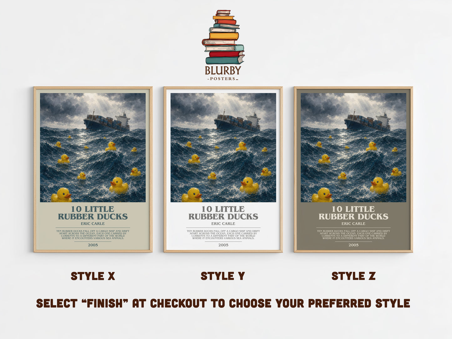 10 Little Rubber Ducks bookish print in frame leaning in hallway – childrens wall art