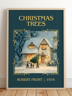 Christmas Trees Classic Book Art Print by Robert Frost – framed print leaning on a wooden floor