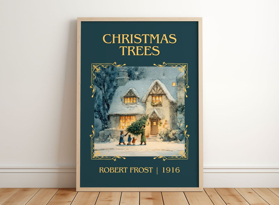Christmas Trees Classic Book Art Print by Robert Frost – framed print leaning on a wooden floor