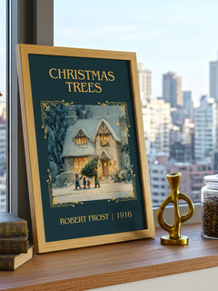 Christmas Trees Classic Book Art Print by Robert Frost – framed print on a city-view windowsill