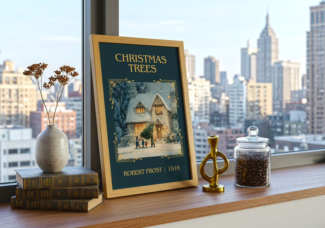 Christmas Trees Classic Book Art Print by Robert Frost – framed print on a city-view windowsill