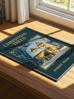 Christmas Trees Classic Book Art Print by Robert Frost – print on a sunlit desk