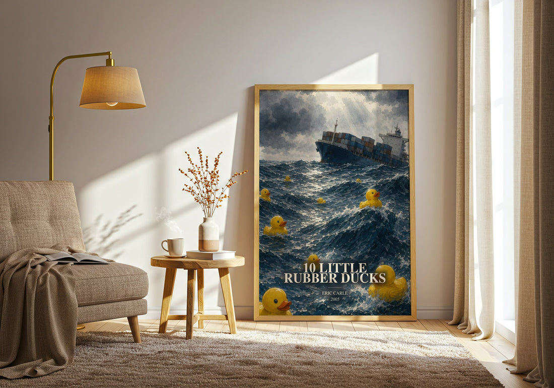10 Little Rubber Ducks watercolour print in frame leaning in hallway – childrens wall art (mockup)
