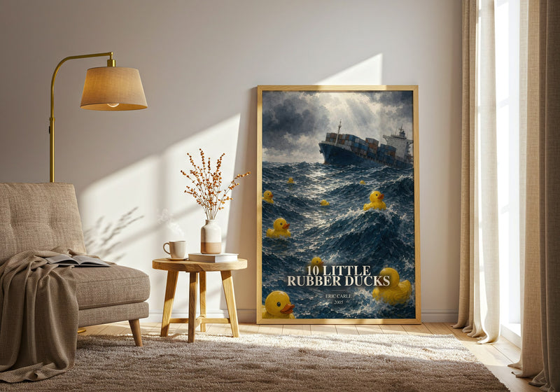 10 Little Rubber Ducks watercolour print in frame leaning in hallway – childrens wall art