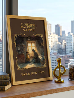 Christmas Day In The Morning Classic Book Art Print by Pearl S. Buck – framed print on a city-view windowsill
