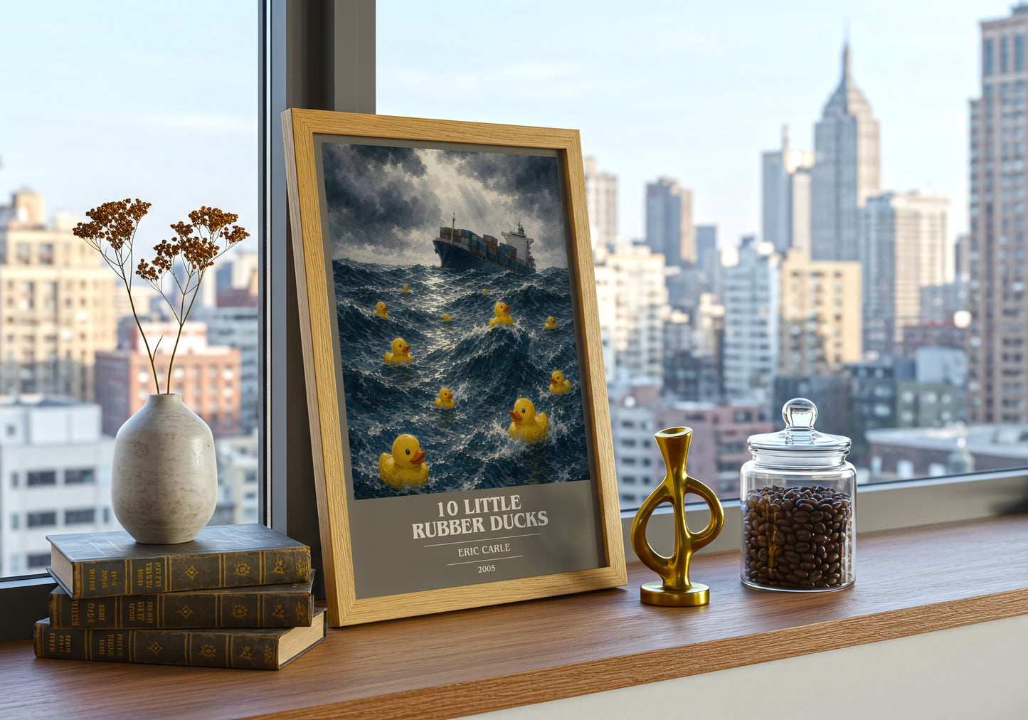10 Little Rubber Ducks book cover print framed by window – literary home decor