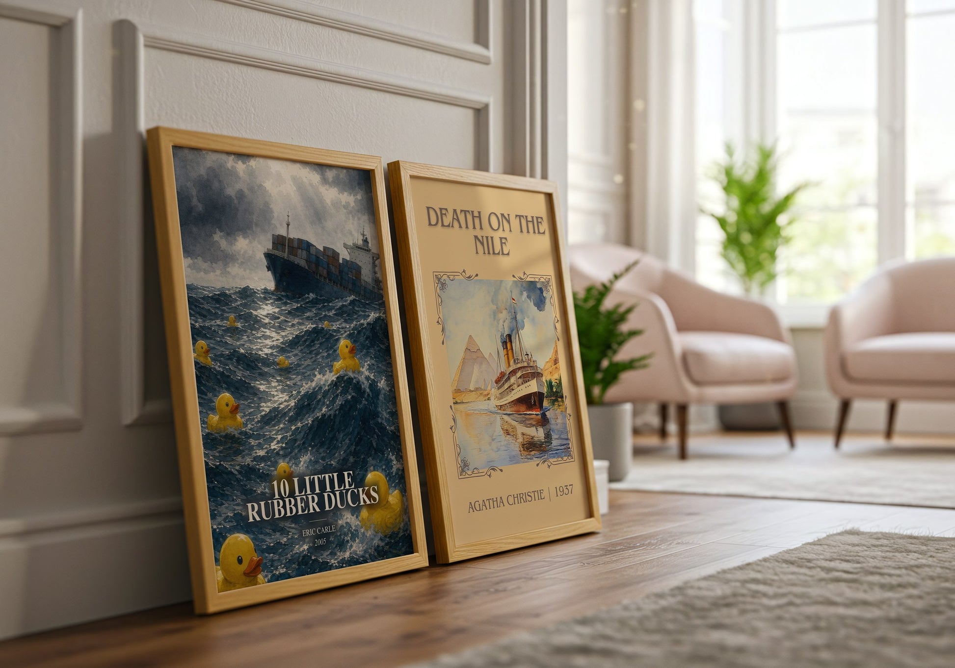 10 Little Rubber Ducks watercolour print framed by window – literary home decor