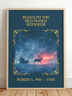 Rudolph The Red-Nosed Reindeer Classic Book Art Print by Robert L. May – framed print leaning on a wooden floor