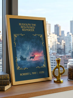 Rudolph The Red-Nosed Reindeer Classic Book Art Print by Robert L. May – framed print on a city-view windowsill