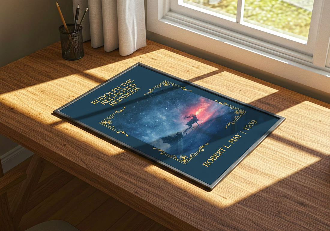 Rudolph The Red-Nosed Reindeer Classic Book Art Print by Robert L. May – print on a sunlit desk