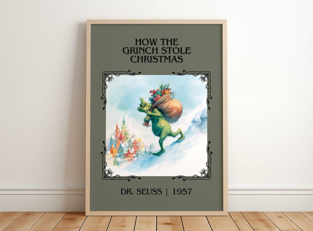 How The Grinch Stole Christmas Classic Book Art Print by Dr. Seuss – framed print leaning on a wooden floor