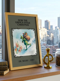 How The Grinch Stole Christmas Classic Book Art Print by Dr. Seuss – framed print on a city-view windowsill
