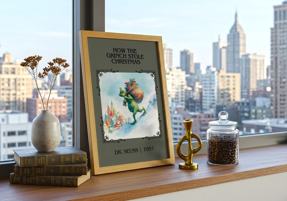How The Grinch Stole Christmas Classic Book Art Print by Dr. Seuss – framed print on a city-view windowsill