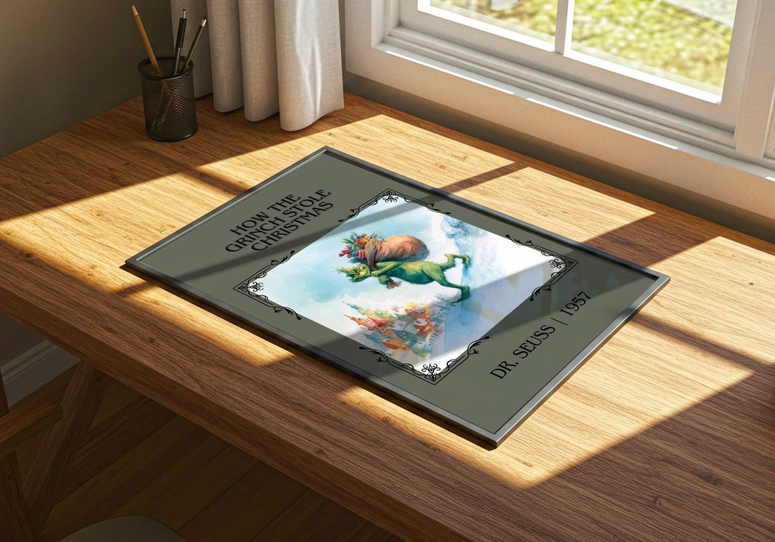 How The Grinch Stole Christmas Classic Book Art Print by Dr. Seuss – print on a sunlit desk