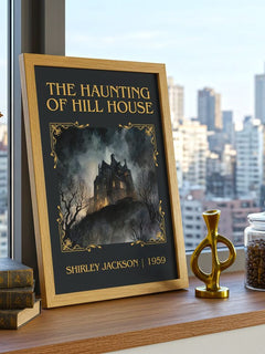 The Haunting Of Hill House Classic Book Art Print by Shirley Jackson – framed print on a city-view windowsill
