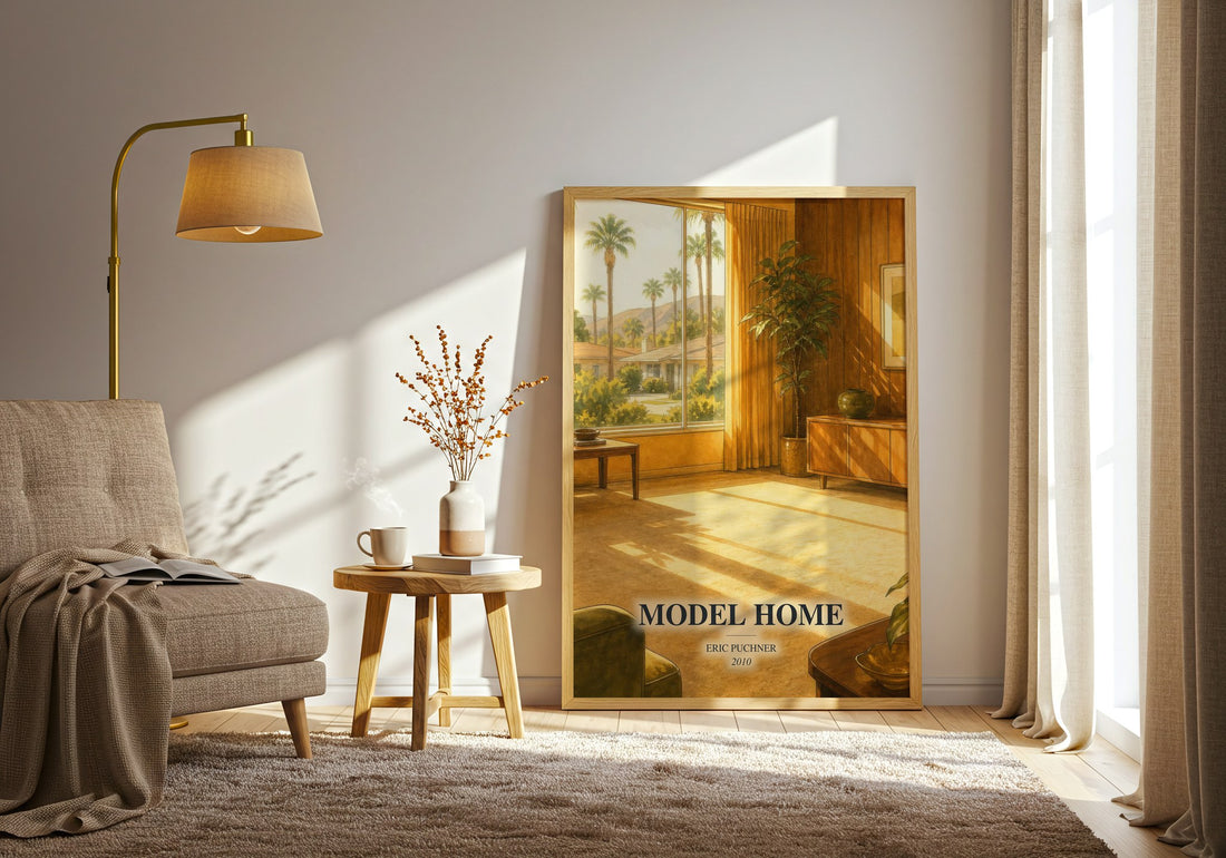 Model Home watercolour print in frame leaning in hallway – contemporary fiction wall art (mockup)