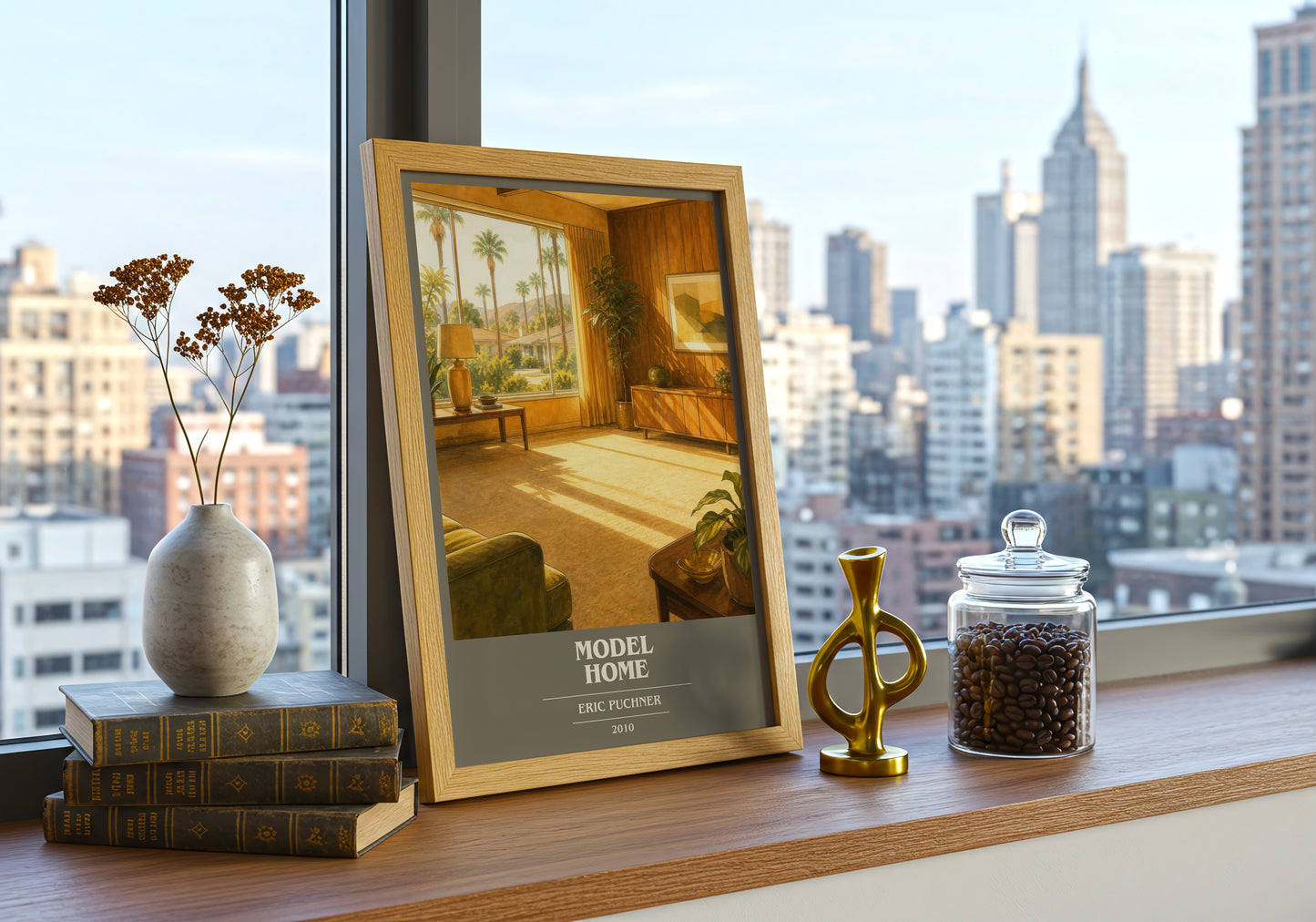 Model Home book cover print framed by window – literary home decor