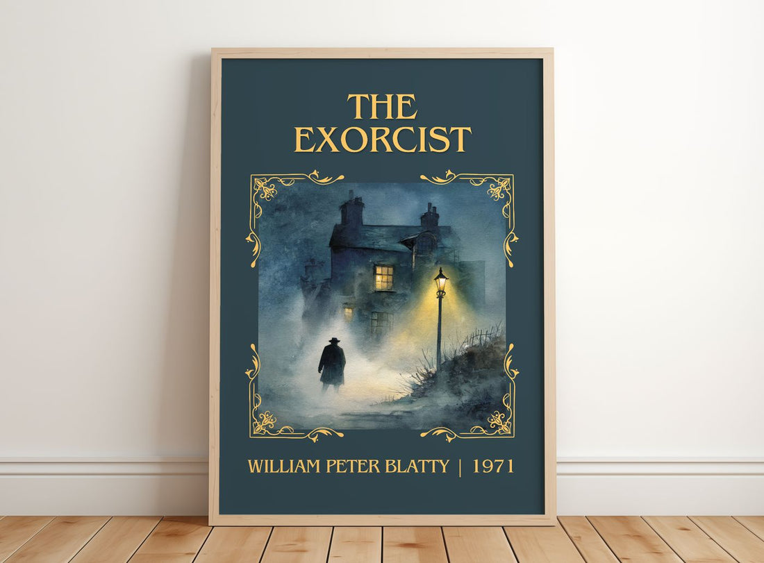 The Exorcist Classic Book Art Print by William Peter Blatty – framed print leaning on a wooden floor