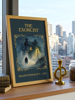 The Exorcist Classic Book Art Print by William Peter Blatty – framed print on a city-view windowsill