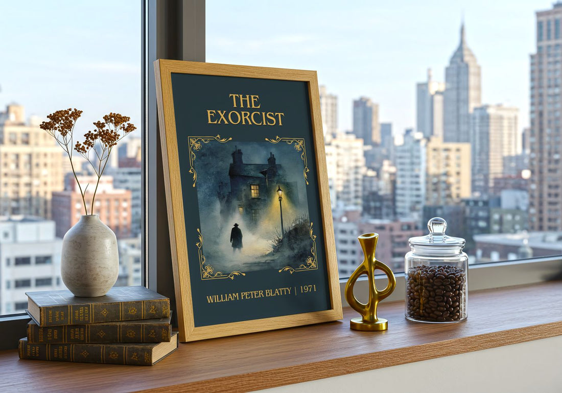 The Exorcist Classic Book Art Print by William Peter Blatty – framed print on a city-view windowsill