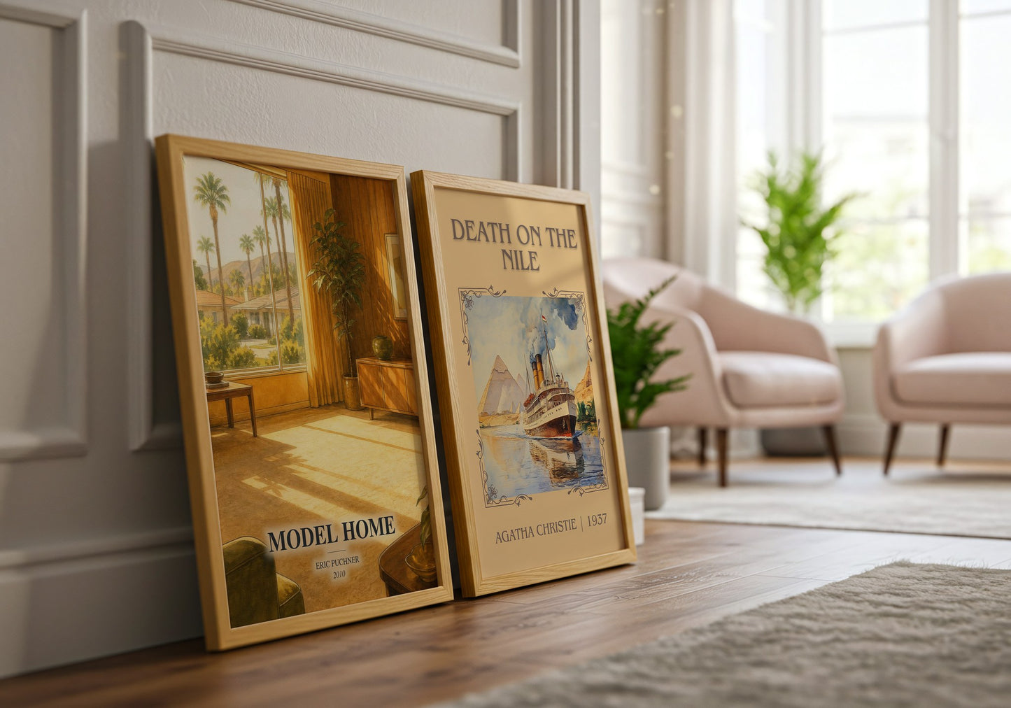 Model Home watercolour print framed by window – literary home decor