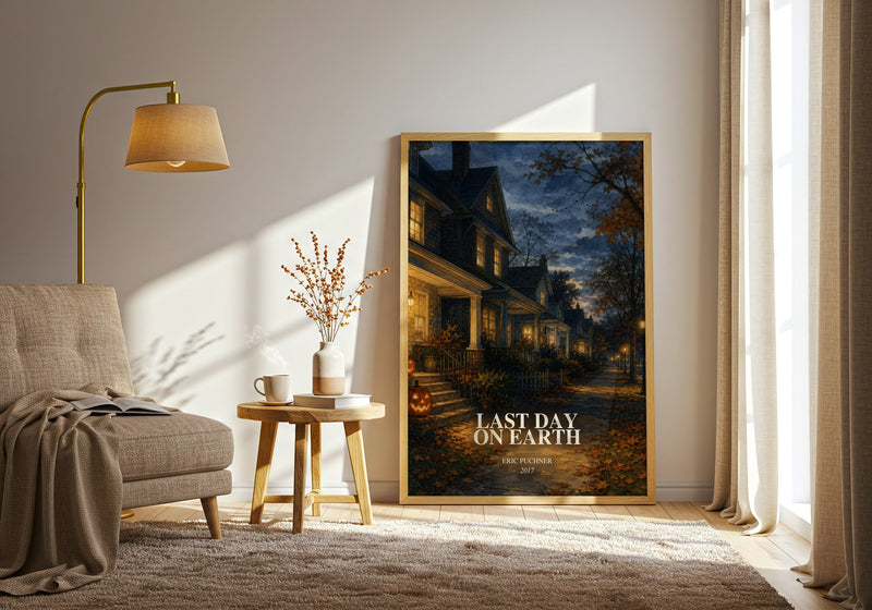 Last Day On Earth watercolour print in frame leaning in hallway – literary fiction wall art