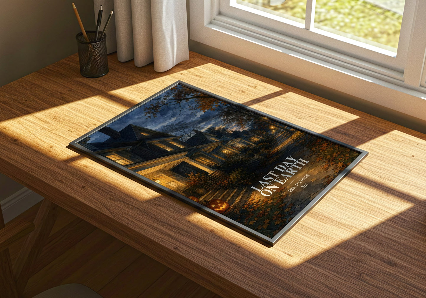 Last Day On Earth watercolour book poster framed on wall – literary fiction wall art