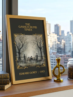 The Gashlycrumb Tinies Classic Book Art Print by Edward Gorey – framed print on a city-view windowsill