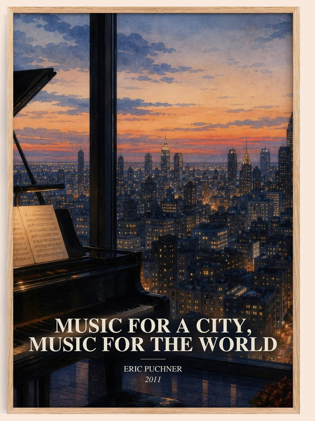 Music For A City, Music For The World watercolour book poster by Eric Puchner – framed literary art print