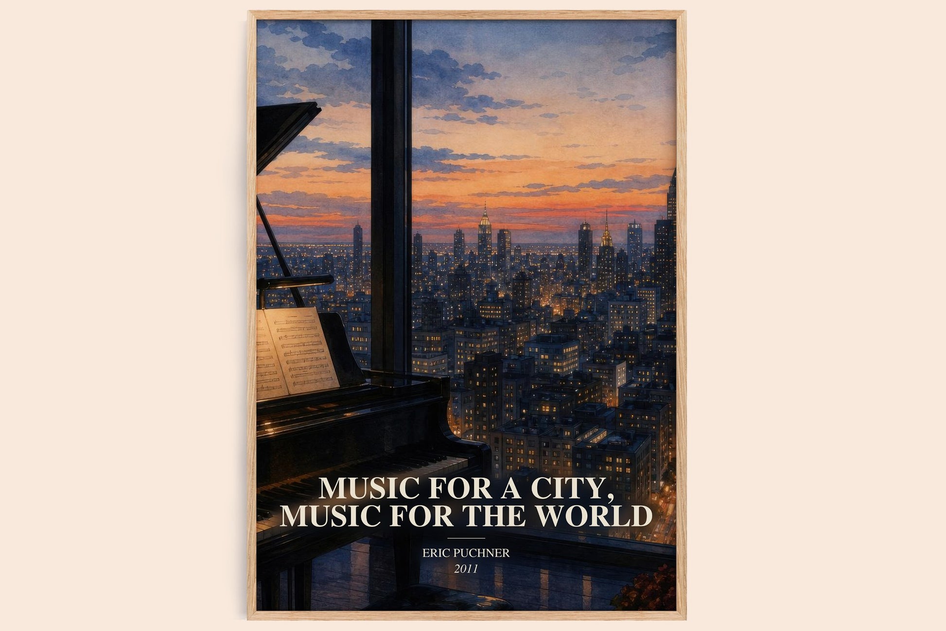 Music For A City, Music For The World watercolour book poster by Eric Puchner – framed literary art print