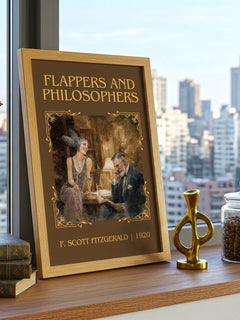 Flappers And Philosophers Classic Book Art Print by F. Fitzgerald – framed print on a city-view windowsill