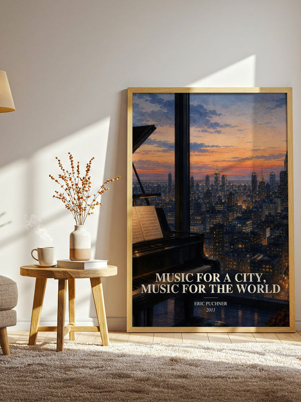 Music For A City, Music For The World watercolour print in frame leaning in hallway – non fiction wall art
