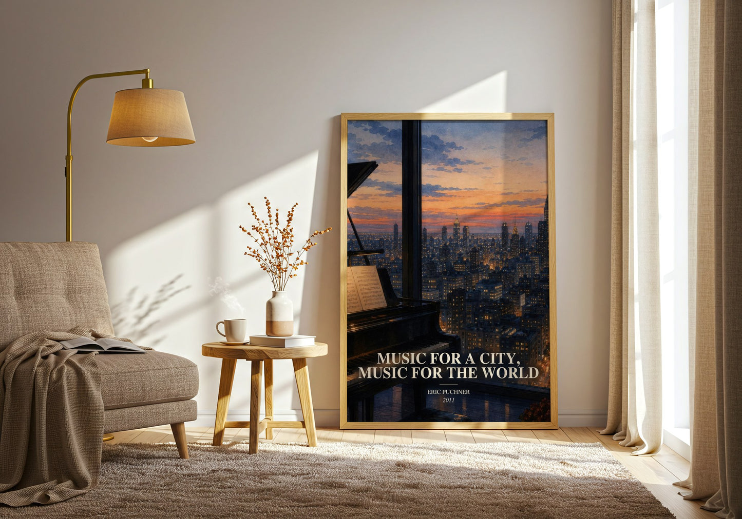 Music For A City, Music For The World watercolour print in frame leaning in hallway – non fiction wall art