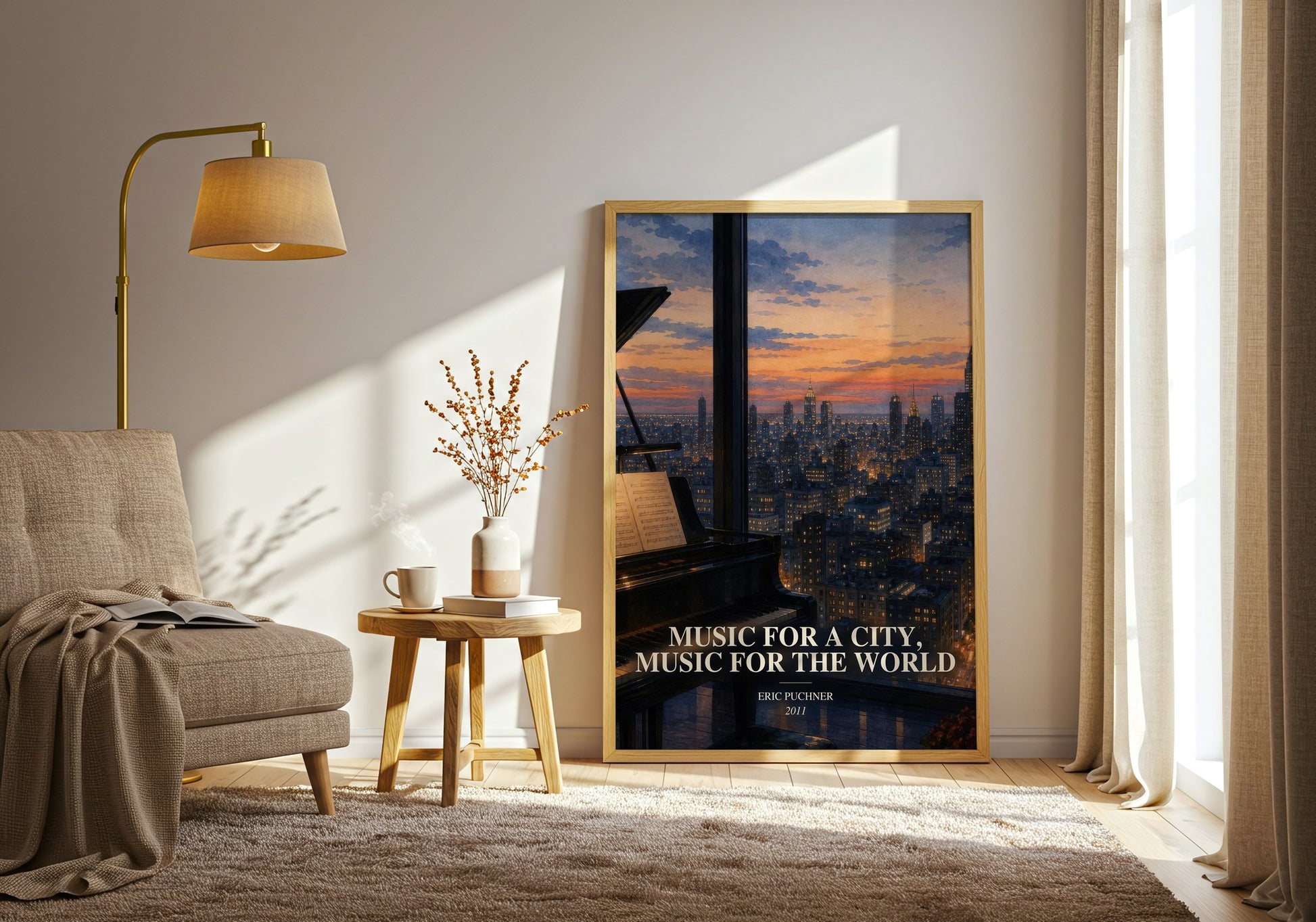 Music For A City, Music For The World watercolour print in frame leaning in hallway – non fiction wall art