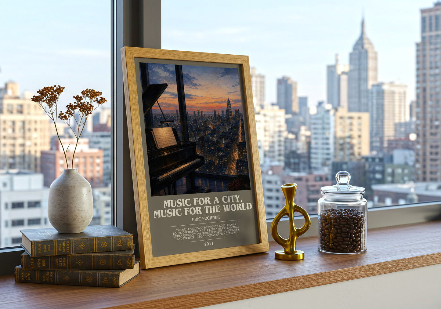 Music For A City, Music For The World bookish print framed by window – literary home decor