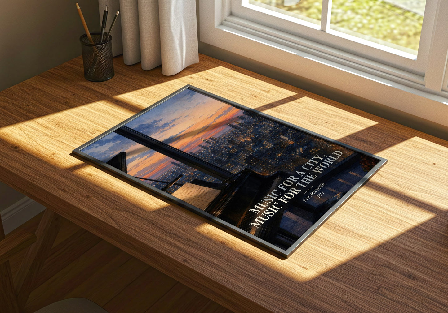 Music For A City, Music For The World watercolour book poster framed on wall – non fiction wall art