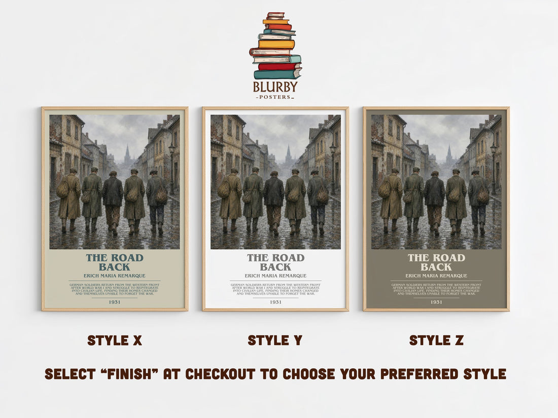 The Road Back bookish print in frame leaning in hallway – historical fiction wall art (mockup)