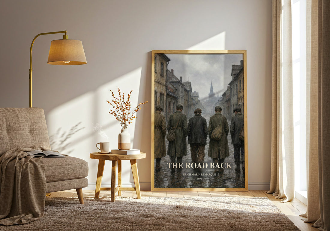 The Road Back watercolour print in frame leaning in hallway – historical fiction wall art (mockup)