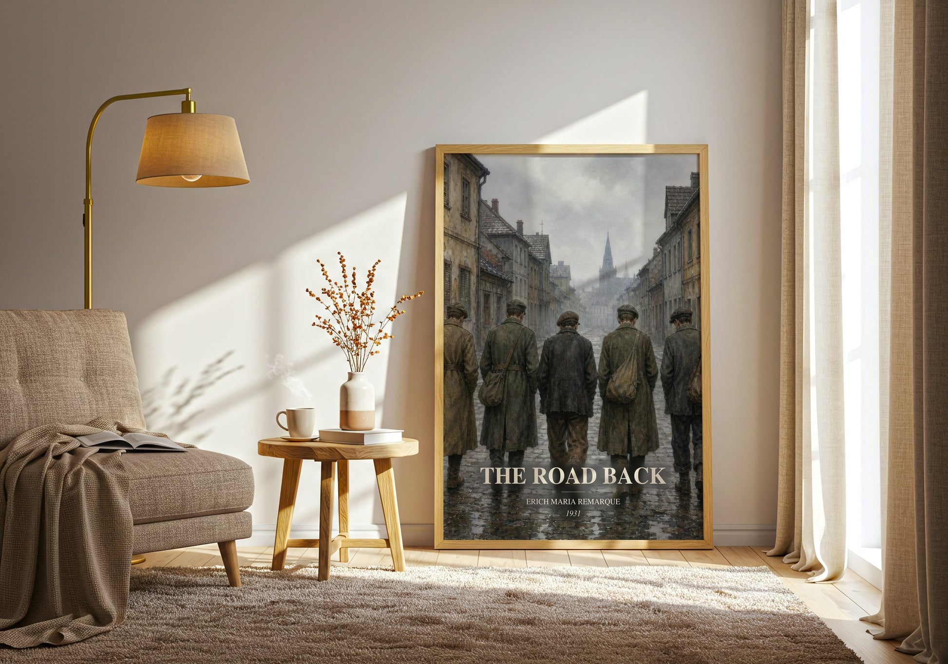 The Road Back watercolour print in frame leaning in hallway – historical fiction wall art