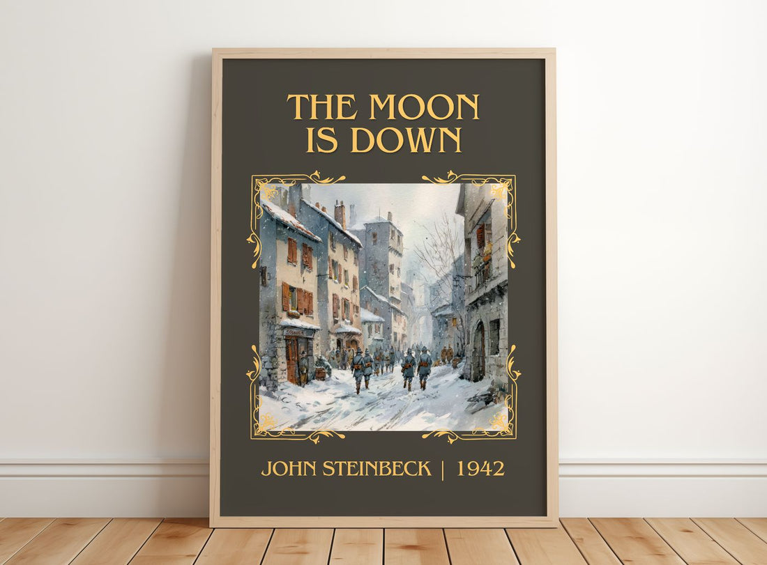 The Moon Is Down Classic Book Art Print by John Steinbeck – framed print leaning on a wooden floor