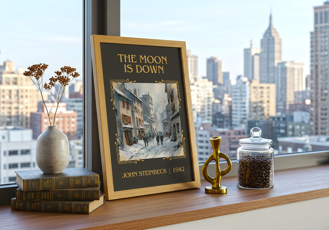 The Moon Is Down Classic Book Art Print by John Steinbeck – framed print on a city-view windowsill