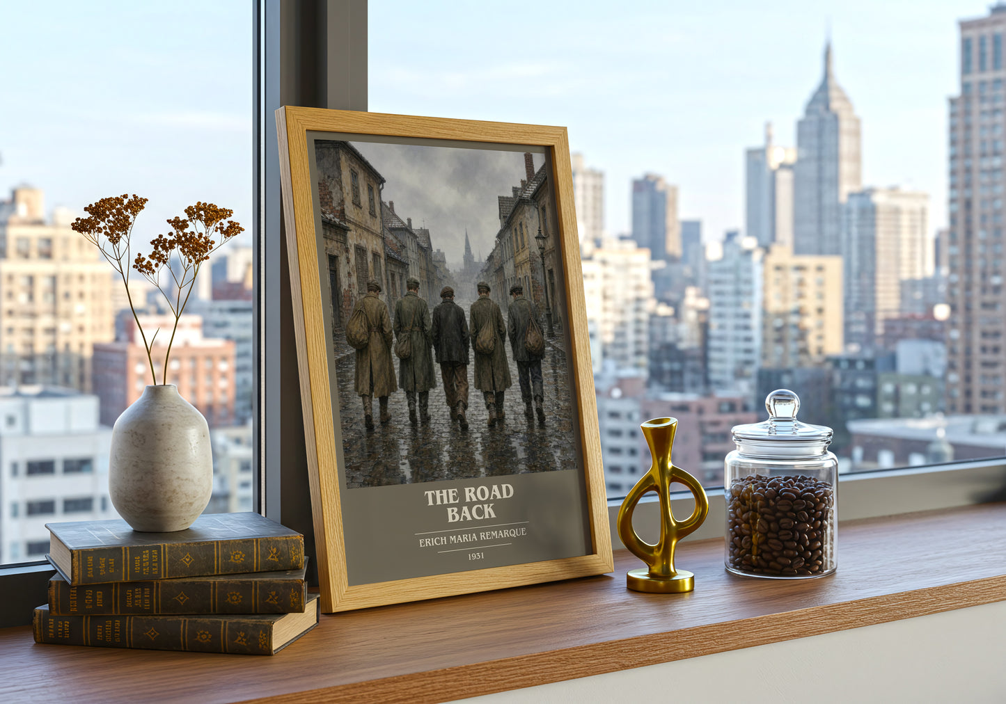 The Road Back book cover print framed by window – literary home decor
