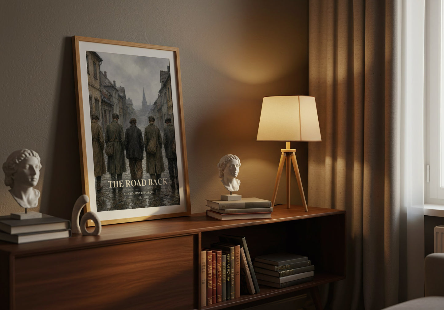 The Road Back watercolour print on bookshelf – Erich Maria Remarque fan gift