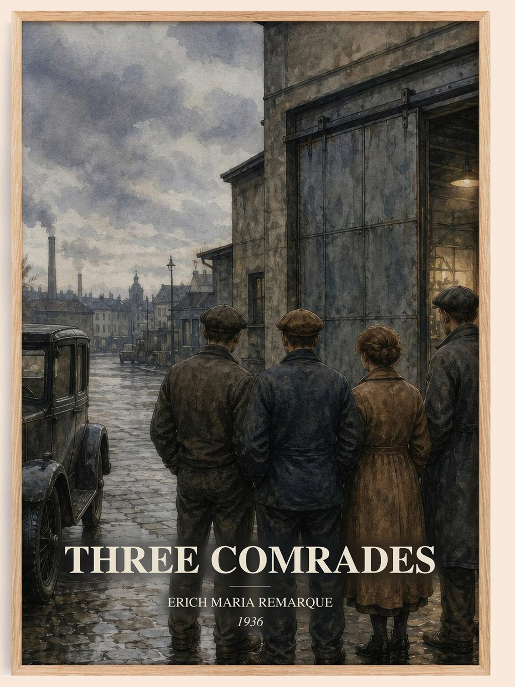 Three Comrades watercolour book poster by Erich Maria Remarque – framed literary art print