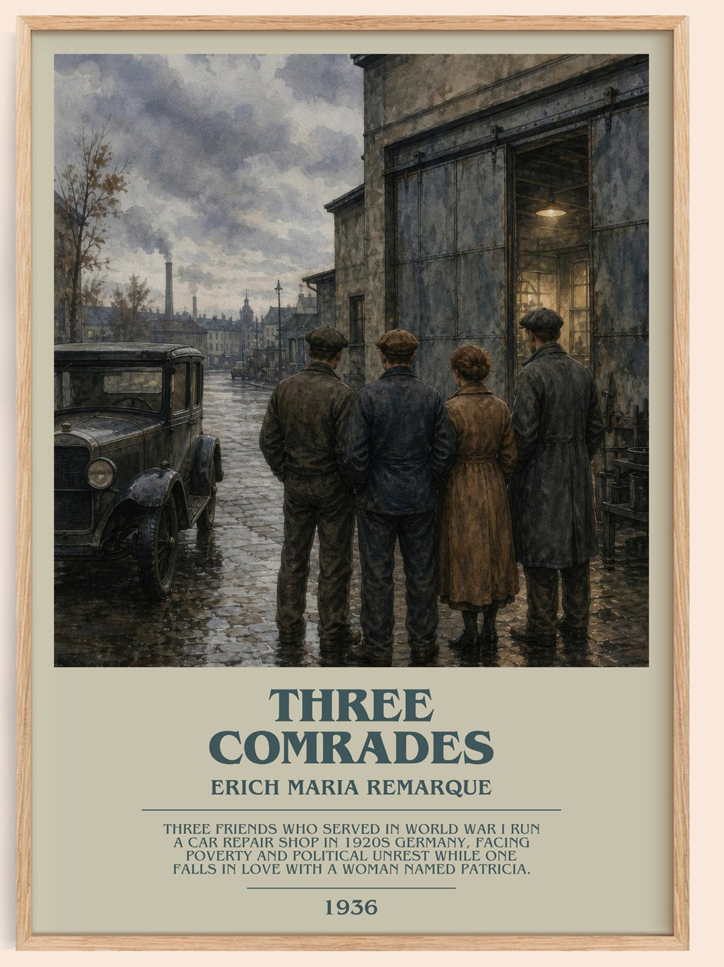 Three Comrades bookish book poster by Erich Maria Remarque – framed literary art print